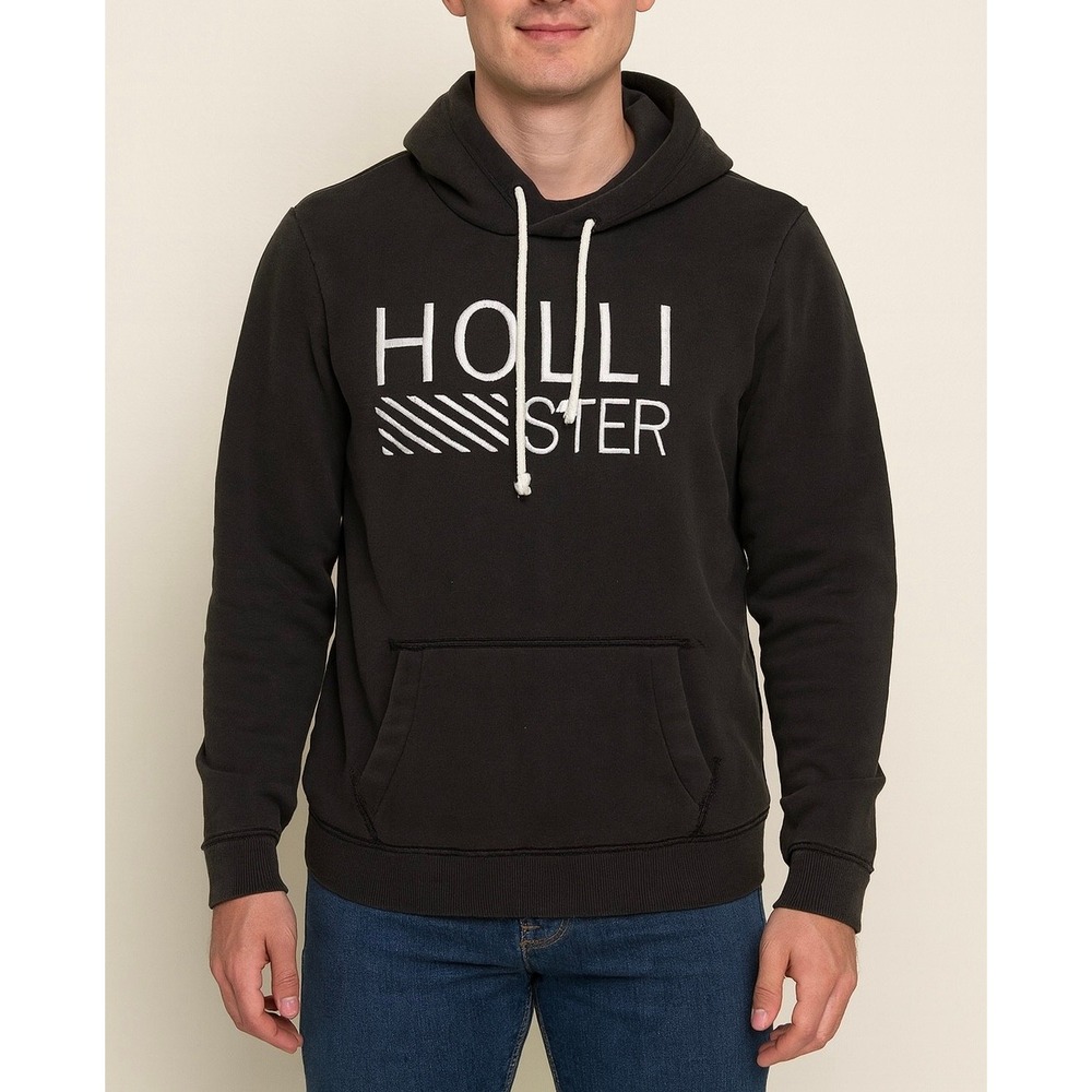 Hollister Hoodie Mens Small Black Embroidered Logo Pullover‎ Sweatshirt